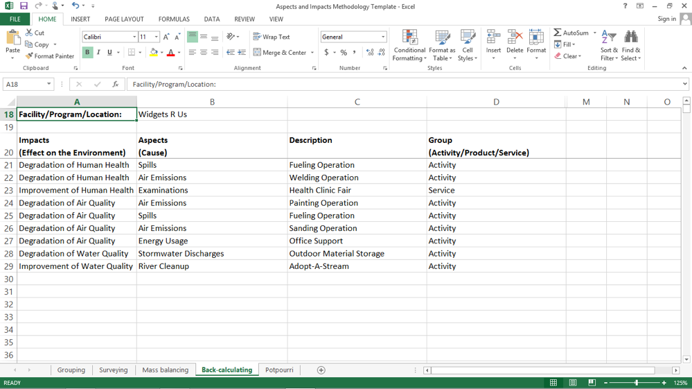 Excel table of environmental aspects and impacts in a back-calculating methodology