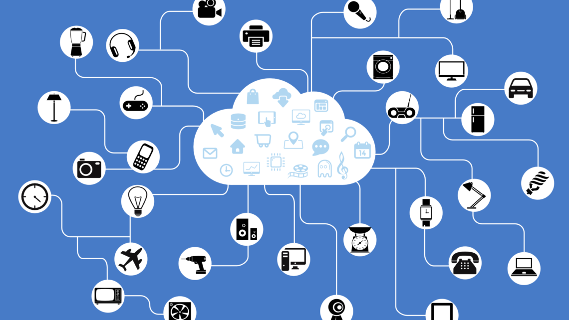 a cloud surrounded by various icons to show everything is connected through the cloud