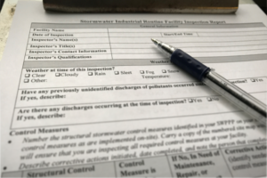 stormwater inspection checklist on clipboard with pen