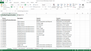 Excel table of environmental aspects and impacts in a grouping methodology
