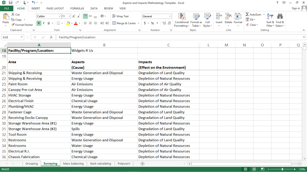 Excel table of environmental aspects and impacts in a surveying methodology