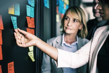 Meeting with people around a board of sticky notes working on software implementation