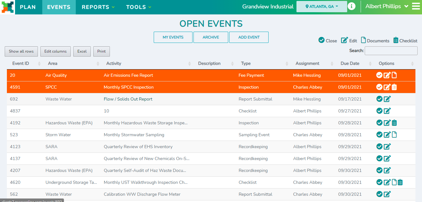 PlanTRAK EHS management system open events table.