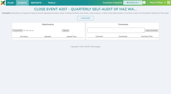 PlanTRAK EHSQ management system close event page