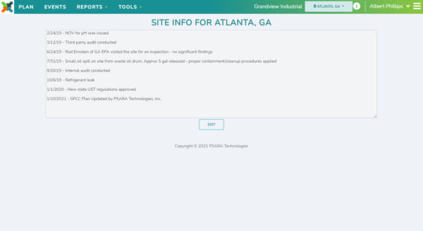 PlanTRAK EHSQ management system site information page.