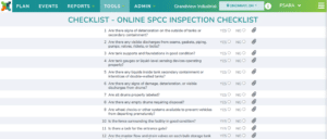 Screenshot of an online monthly SPCC inspection checklist in PlanTRAK environmental software.